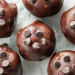A plate of round cocoa-covered no-bake brownie bites on a wooden table