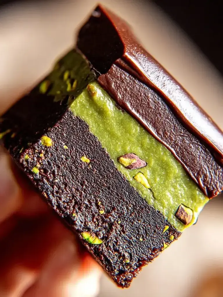 A tray of sliced 5-Ingredient No-bake Pistachio Brownies topped with crushed green nuts