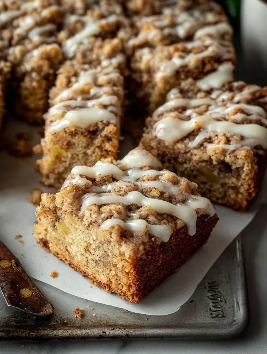 A delicious slice of Apple Cider Coffee Cake with a golden cinnamon streusel topping.