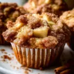Freshly baked Apple Cinnamon Muffin on a wire rack with golden edges and visible apple pieces