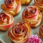 A tray of golden baked Apple Roses dusted with powdered sugar