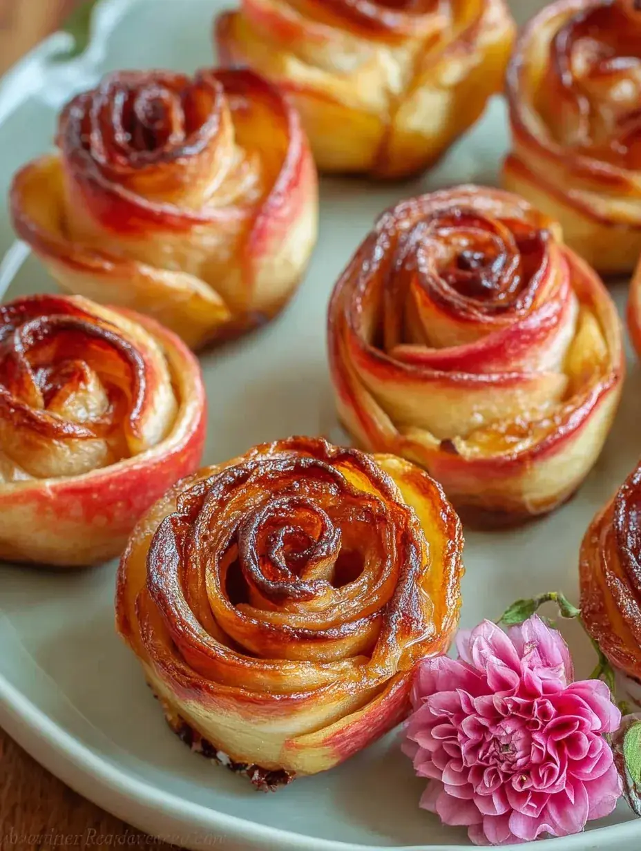 A tray of golden baked Apple Roses dusted with powdered sugar