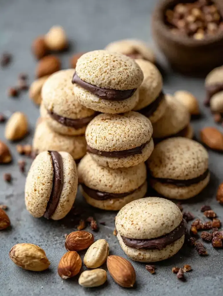 A plate of homemade Baci di Dama hazelnut sandwich cookies with a dark chocolate filling