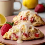 Freshly baked strawberry lemon cream scones with a bright yellow lemon glaze on a wire rack