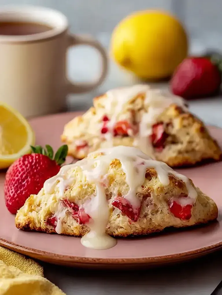 Freshly baked strawberry lemon cream scones with a bright yellow lemon glaze on a wire rack