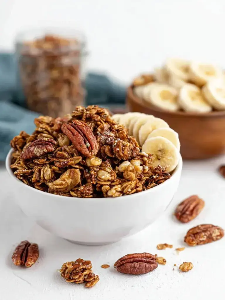 A tray of golden brown Banana Bread Granola with large clusters and chopped pecans