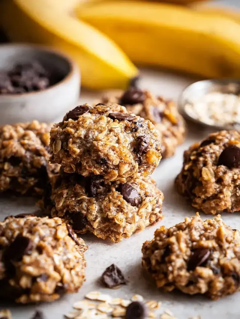 A tray of freshly baked Banana Oatmeal Cookies with dark chocolate chips on parchment paper