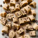 Small round balls of edible cookie dough with mini chocolate chips in a white bowl