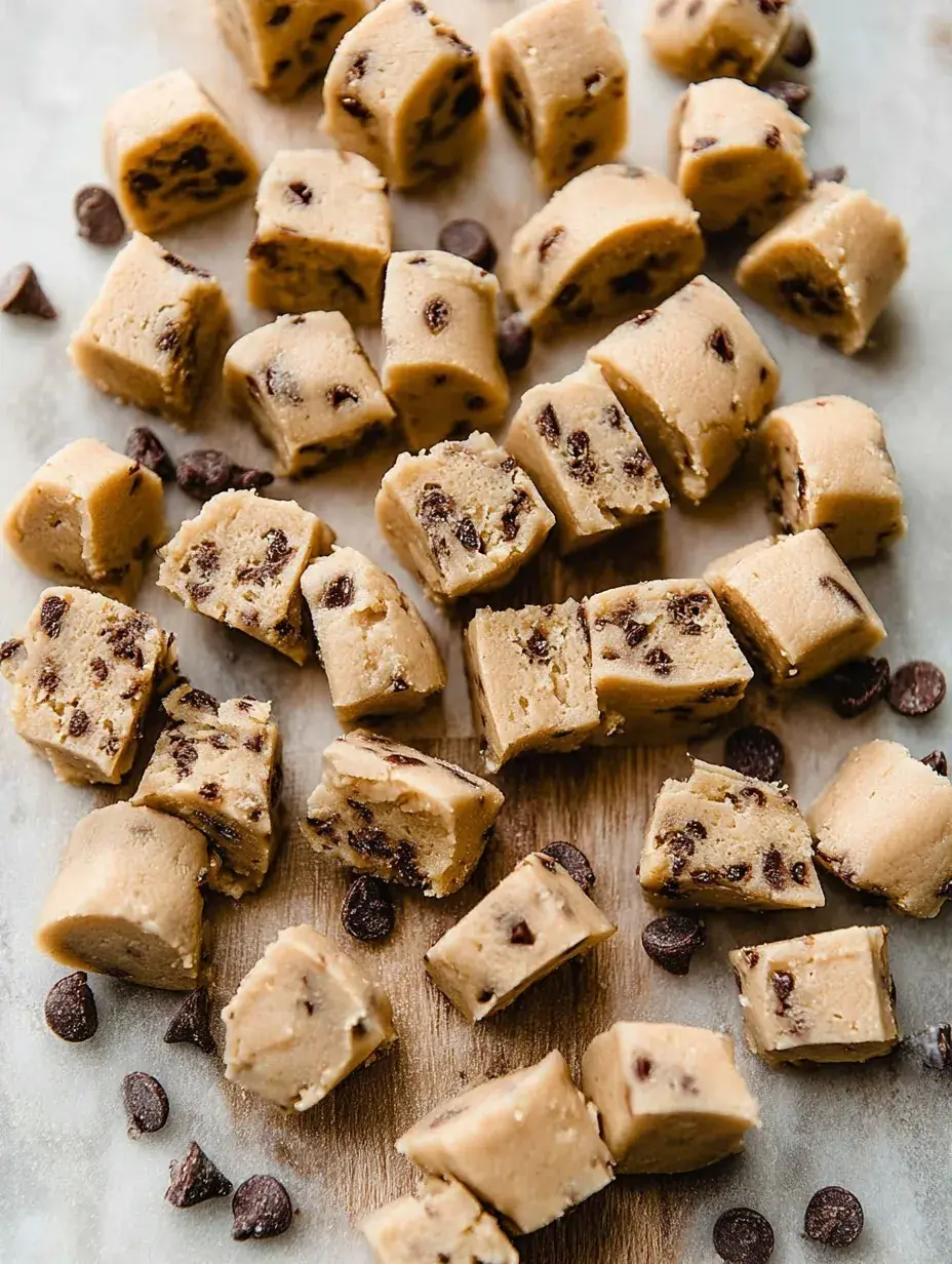 Small round balls of edible cookie dough with mini chocolate chips in a white bowl