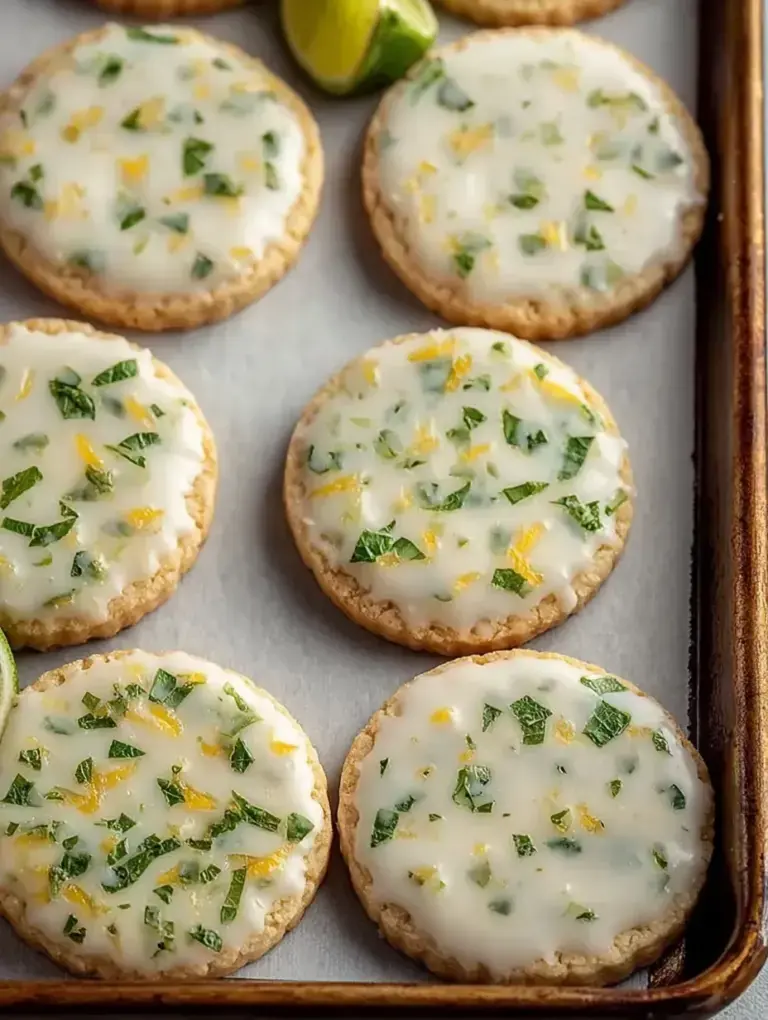 A tray of soft Best Mojito Sugar Cookies with a white lime glaze and fresh mint leaves