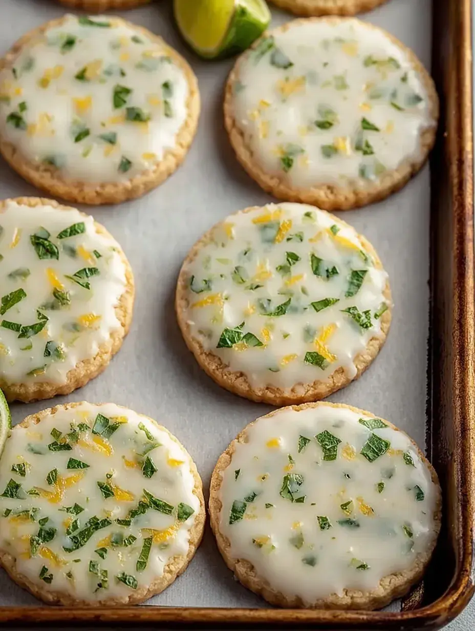 A tray of soft Best Mojito Sugar Cookies with a white lime glaze and fresh mint leaves