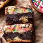 A batch of fudgy Birthday Cake Brownies with white chocolate chips and rainbow sprinkles on a cooling rack
