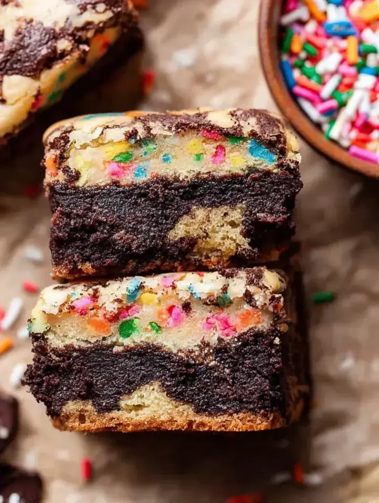 A batch of fudgy Birthday Cake Brownies with white chocolate chips and rainbow sprinkles on a cooling rack