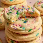 Golden brown Birthday Cake Cookies with rainbow sprinkles and white chocolate chips on a baking sheet
