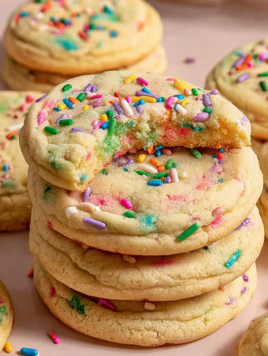 Golden brown Birthday Cake Cookies with rainbow sprinkles and white chocolate chips on a baking sheet