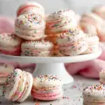 A stack of colorful Birthday Cake Macarons decorated with rainbow sprinkles on a white plate.