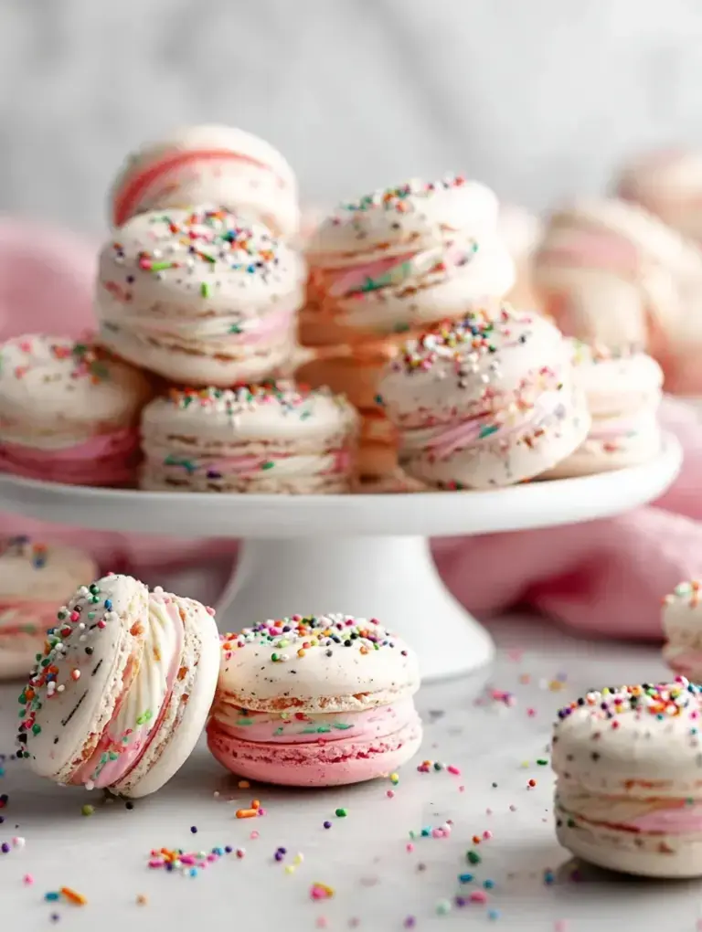 A stack of colorful Birthday Cake Macarons decorated with rainbow sprinkles on a white plate.
