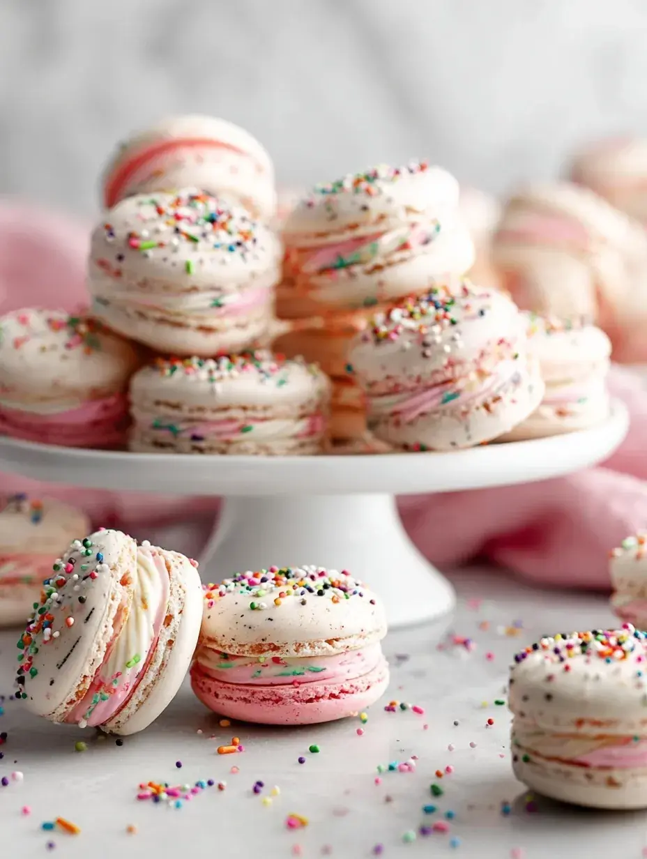 A stack of colorful Birthday Cake Macarons decorated with rainbow sprinkles on a white plate.