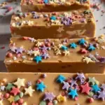 A tray of sliced Birthday Cake Protein Bars with colorful sprinkles on a white marble surface