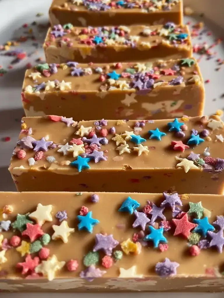 A tray of sliced Birthday Cake Protein Bars with colorful sprinkles on a white marble surface