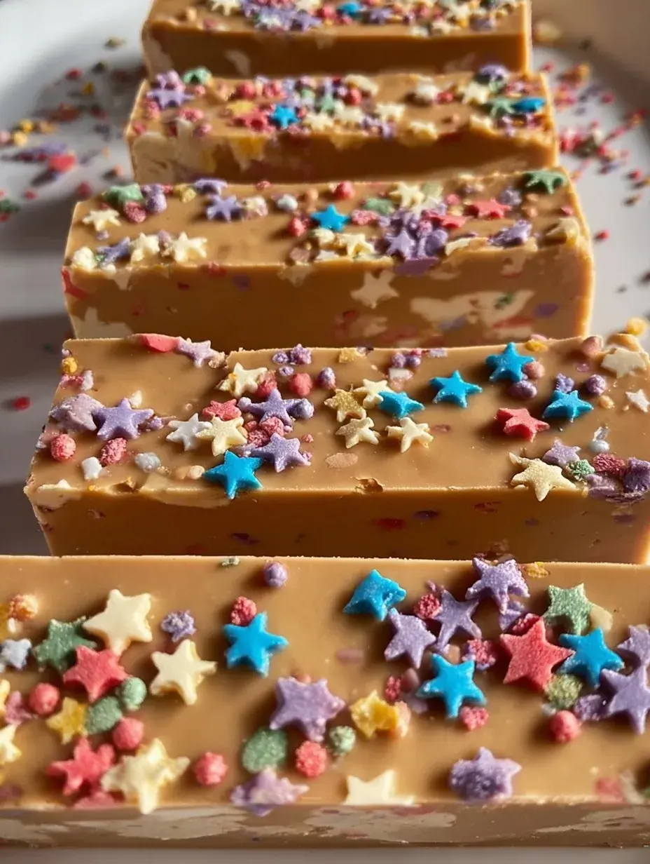 A tray of sliced Birthday Cake Protein Bars with colorful sprinkles on a white marble surface