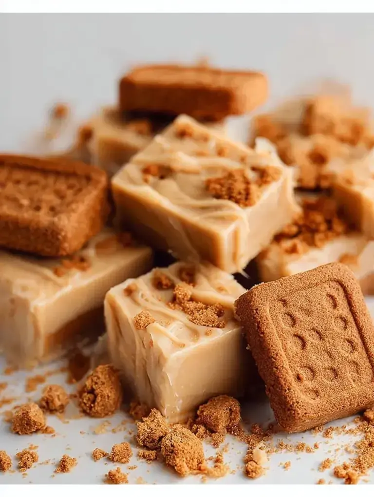 A platter of creamy Biscoff Fudge squares topped with crushed Lotus biscuits