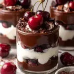 Individual glass jars filled with layers of chocolate cake crumbs, cherry filling, and whipped cream