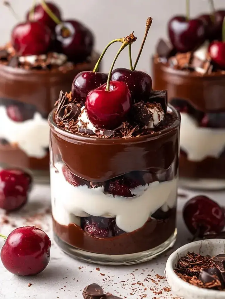 Individual glass jars filled with layers of chocolate cake crumbs, cherry filling, and whipped cream