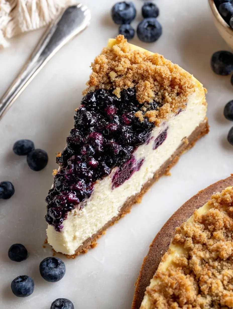 A slice of Blueberry Crumble Cheesecake with purple fruit swirls and golden oat streusel on top