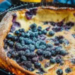A golden brown Blueberry Lemon Dutch Baby in a cast iron skillet topped with fresh berries and powdered sugar