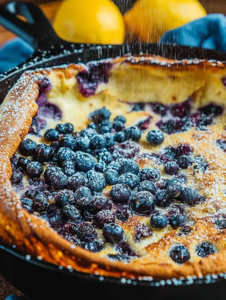 A golden brown Blueberry Lemon Dutch Baby in a cast iron skillet topped with fresh berries and powdered sugar