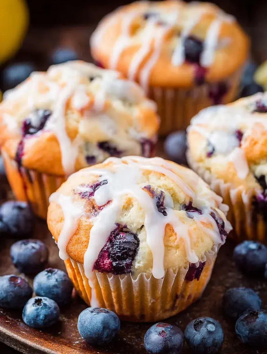 Freshly baked Blueberry Muffins with Lemon Glaze on a wire cooling rack