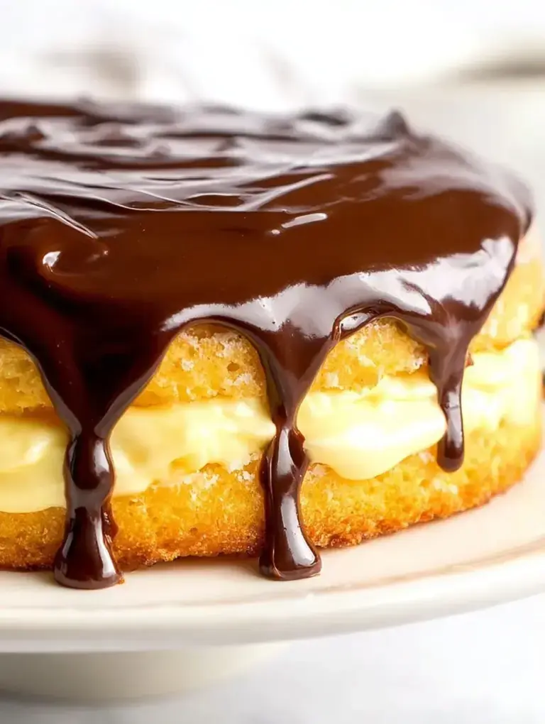 A fresh Boston Cream Pie with chocolate ganache dripping down the sides on a white cake stand.