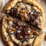 Freshly baked Browned Butter Toffee Chocolate Chip Cookies on a cooling rack with flaky sea salt