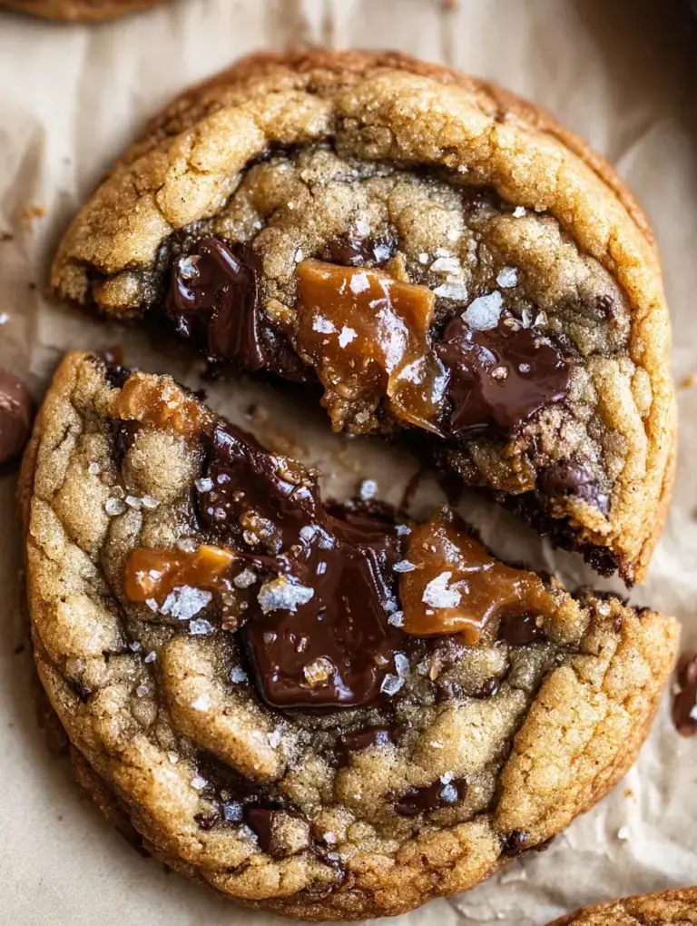 Freshly baked Browned Butter Toffee Chocolate Chip Cookies on a cooling rack with flaky sea salt