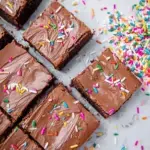 A stack of Brownie Birthday Cake Bars with chocolate layers and rainbow sprinkles