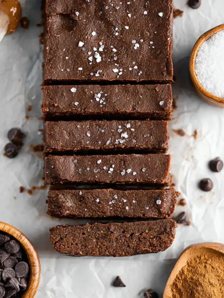 Dense and chewy chocolate Brownie Protein Bars sliced on parchment paper