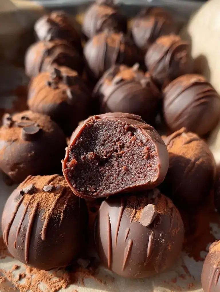 A tray of round chocolate Brownie Protein Bites on parchment paper with mini chocolate chips.