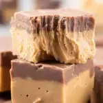 A tray of sliced Buckeye Fudge squares showing the peanut butter and chocolate layers