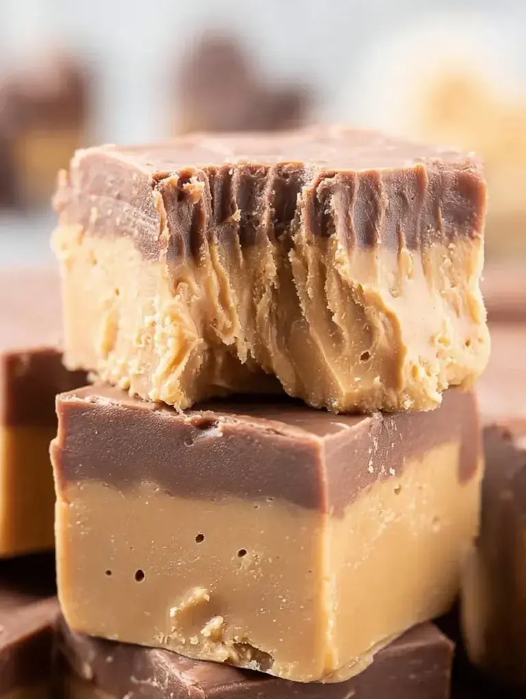 A tray of sliced Buckeye Fudge squares showing the peanut butter and chocolate layers