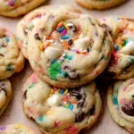 A pile of soft Cake Batter Chocolate Chip Cookies with rainbow sprinkles and chocolate chips on a white plate.