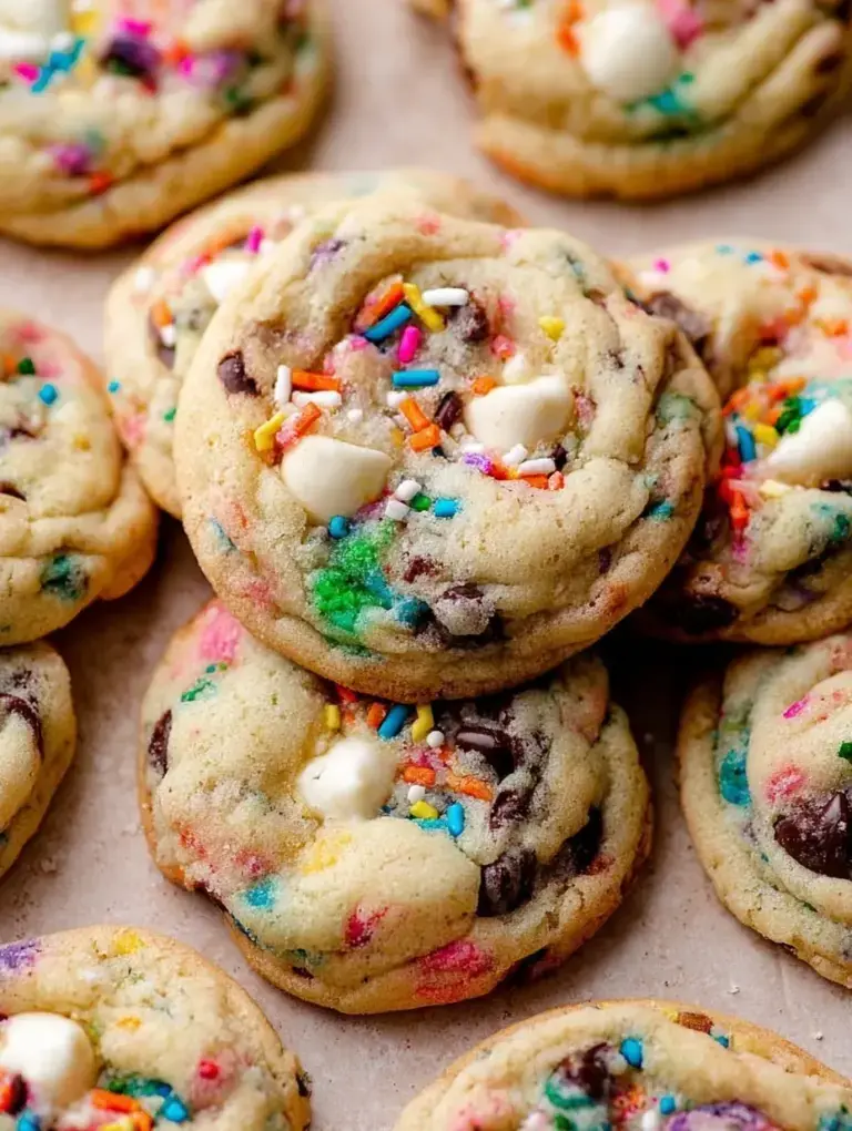 A pile of soft Cake Batter Chocolate Chip Cookies with rainbow sprinkles and chocolate chips on a white plate.