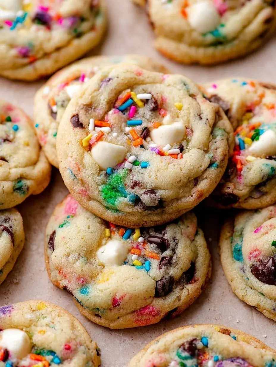 A pile of soft Cake Batter Chocolate Chip Cookies with rainbow sprinkles and chocolate chips on a white plate.