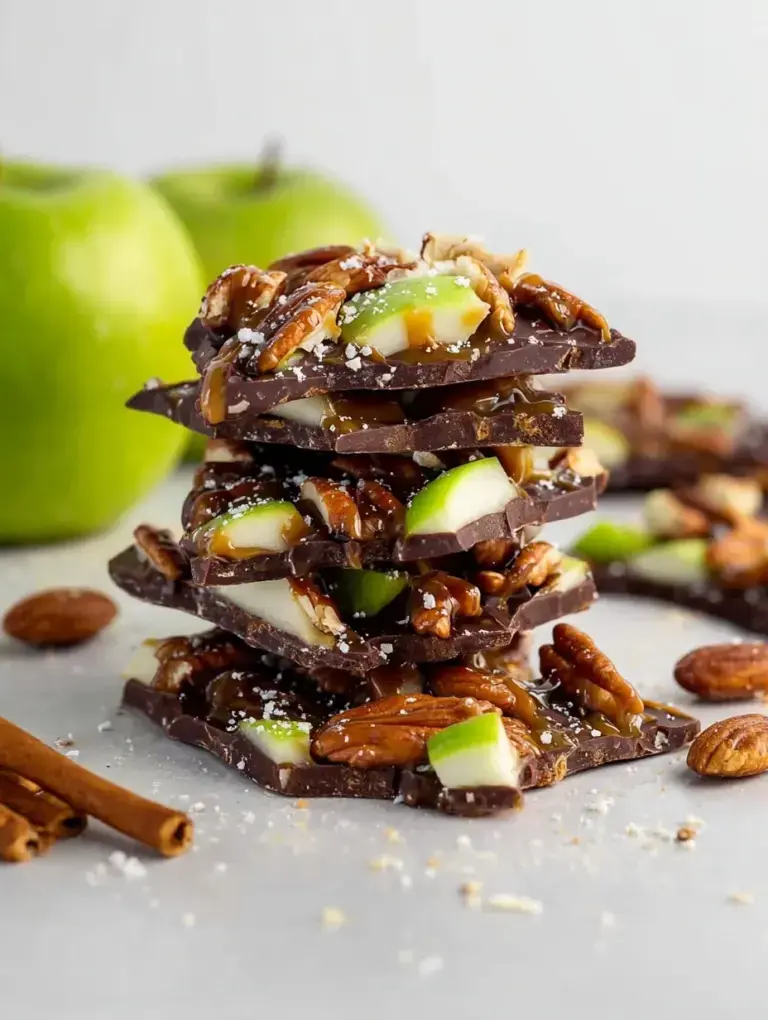 A tray of sliced Caramel Apple Bark with layers of chocolate and caramel