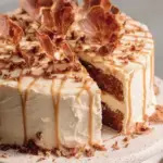 A light and fluffy Caramel Cloud Cake topped with salted caramel whipped cream and a golden caramel drizzle.