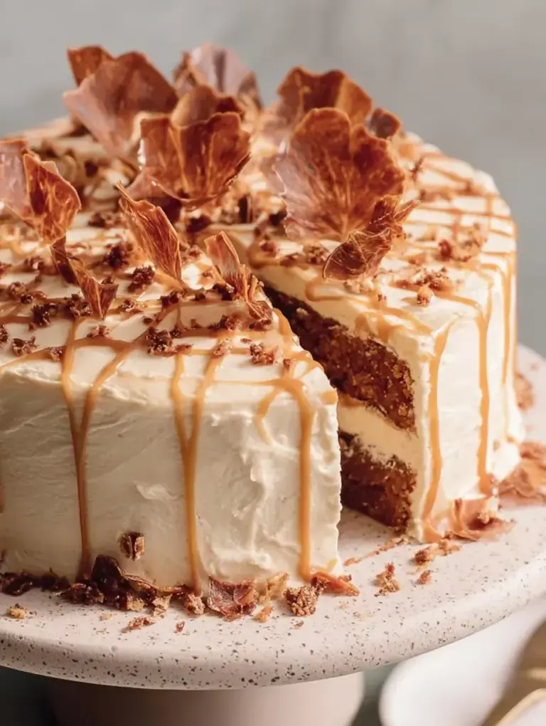 A light and fluffy Caramel Cloud Cake topped with salted caramel whipped cream and a golden caramel drizzle.