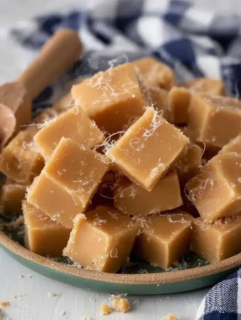 A close up of sliced Traditional Caramel Fudge on a piece of parchment paper.
