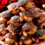 A tray of homemade Caramel Pretzel Turtles with chocolate, caramel, and pecans