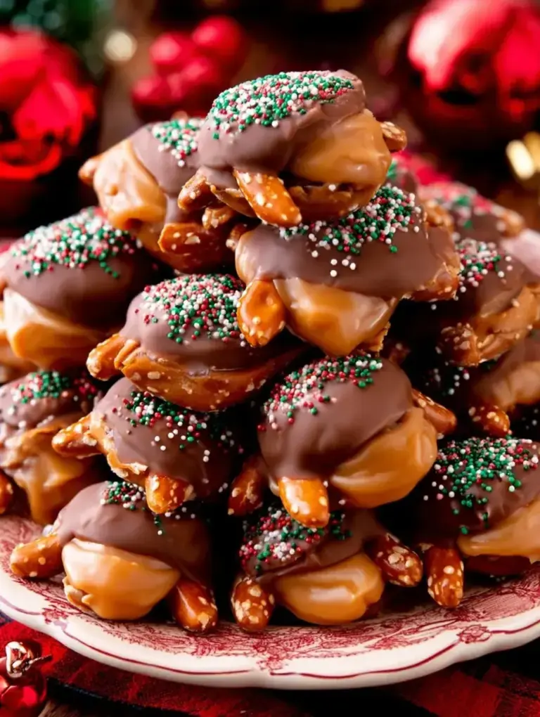 A tray of homemade Caramel Pretzel Turtles with chocolate, caramel, and pecans
