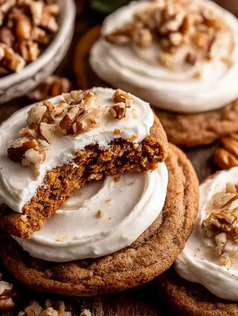 A plate of soft Carrot Cake Cookies topped with swirls of white cream cheese frosting and chopped pecans